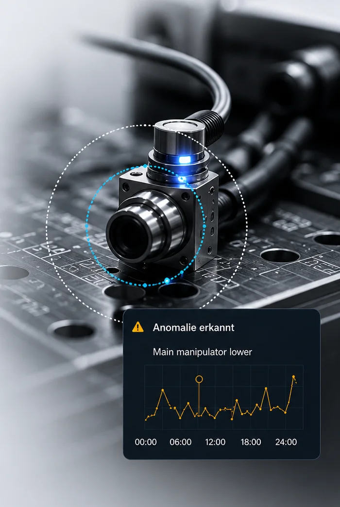 Sensor an der Maschine mit Anomalie-Meldung im Verlauf
