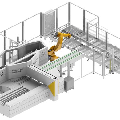 Automatic unloading and stacking of bent parts with an unloading robot. U-shaped pallet station. Horizontal and vertical stacking.