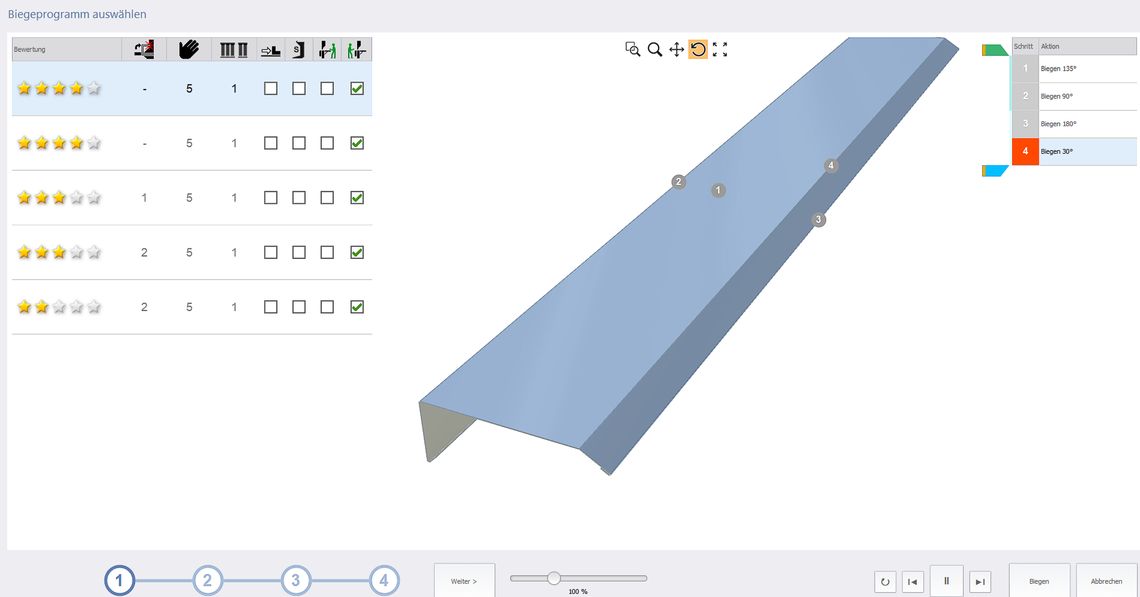Automatically created part program. The software evaluates alternative bending stratgies with a 5 star ranking
