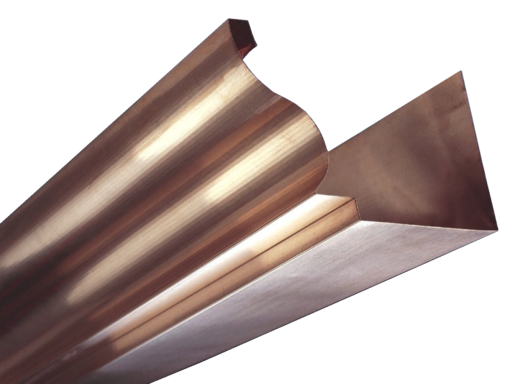 Copper gutter with different angles, radii and hems