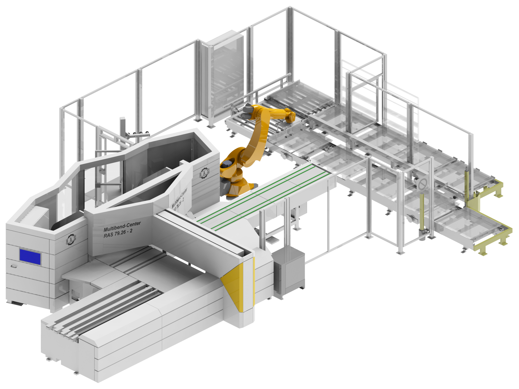Automatic unloading and stacking of bent parts with an unloading robot. U-shaped pallet station. Horizontal and vertical stacking.
